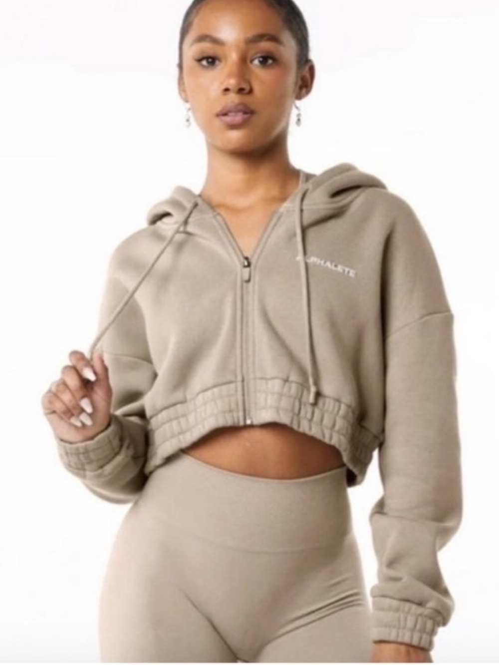 Alphalete Cropped Zip Hoodie in Taupe